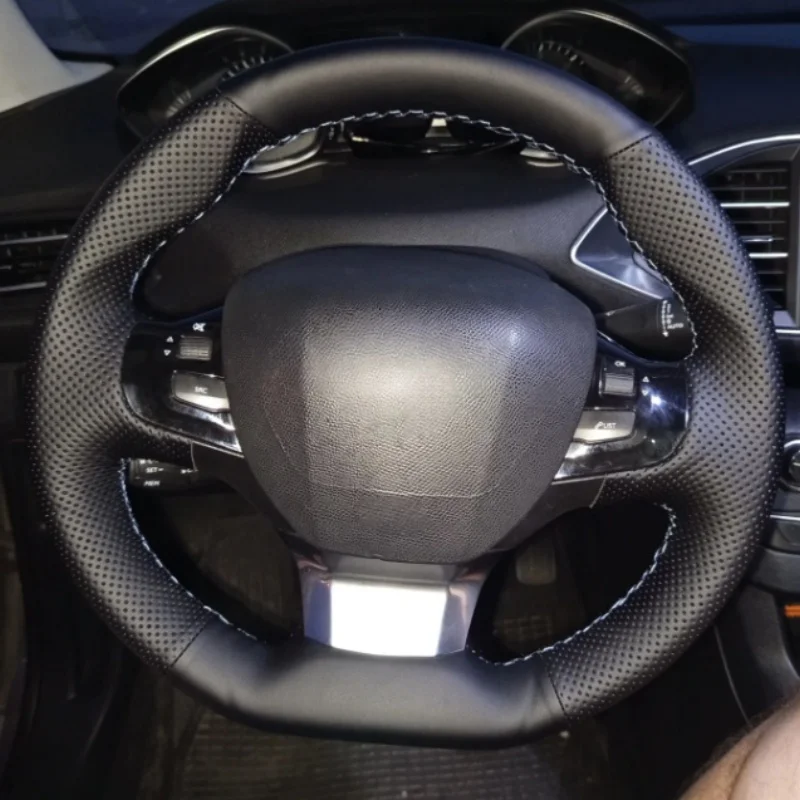Housse de volant en cuir microfibre respirant et antidérapant, cousue main, pour Peugeot 308 (2014-2017)