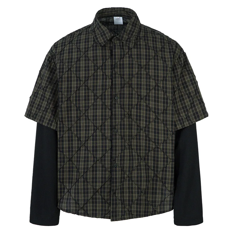 

Plaid Spliced Fake Two Pieces Shirts Mens High Street Spring Loose Single Breasted Long Sleeve Lapel Shirts Shirts Men