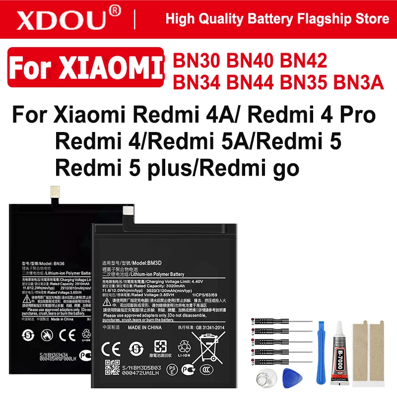 BN30 BN40 BN42 BN34 BN44 BN35 BN3A BM47 BN39 BN36 BM3D Battery For Xiaomi Redmi 4A/ 4 Pro/5A / 5 plus /Redmi go /Mi play