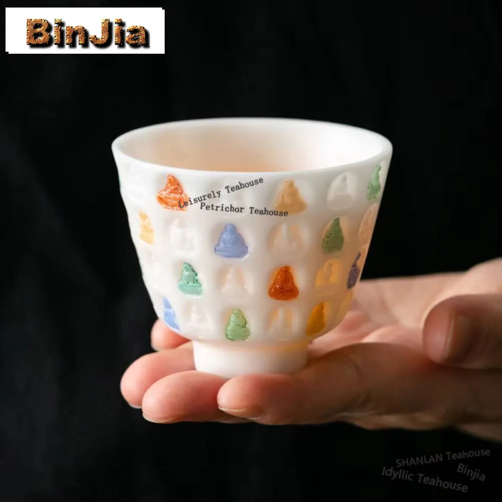 

110ml Jade Porcelain Handmade Master Cup Household Hand-painted Relief Thousand Buddha Teacup Vintage Water Jug Teaware Gifts