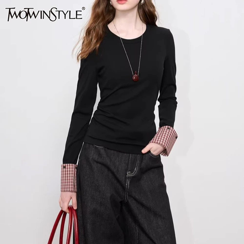 TWOTWINSTYLE Black Spliced Plaid T Shirt Female O Neck Long Sleeve Slimming Basics Streetwear Women's T Shirts Fashion Autumn