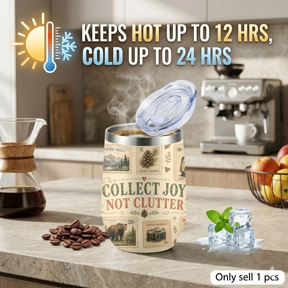 Retro Postage Stamp Vacuum Flasks 12oz Insulated Stainless Steel Mug with Lid Travel Tumbler Double Wall Drink Coffee Cup