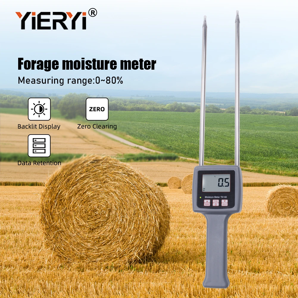 TK100 Fibre Moisture Meter Digital LCD Backlight For Wood Fiber Grains Hay Straw Chinese Medicine Box 0-80% Accuracy ±0.5%