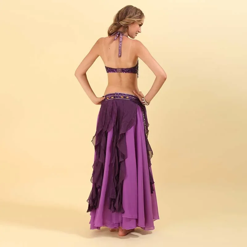 Women Beaded Belly Dance Costume Bra And Belt And Skirt Outfits Indian Dancing Clothes 3 Pcs