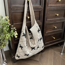 Dzianinowa torba damska z kokardą Knit Eco Bag Korean Foldable Shopper Y2K Crochet Rope Shoulder Bag Sweet Knitting Handbag Ins Tote Bag