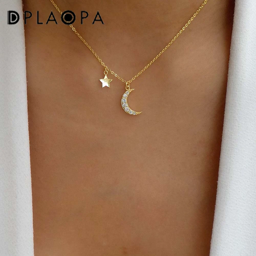 DPLAOPA 925 Sterling Silver Moon CZ Charm Pendant Long Chain Necklace Fine Jewelry 2023 Wedding Crystal Jewels