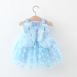 Summer girl's camisole dress solid color butterfly 3D printing sleeveless mesh splicing butterfly wing fluffy skirt