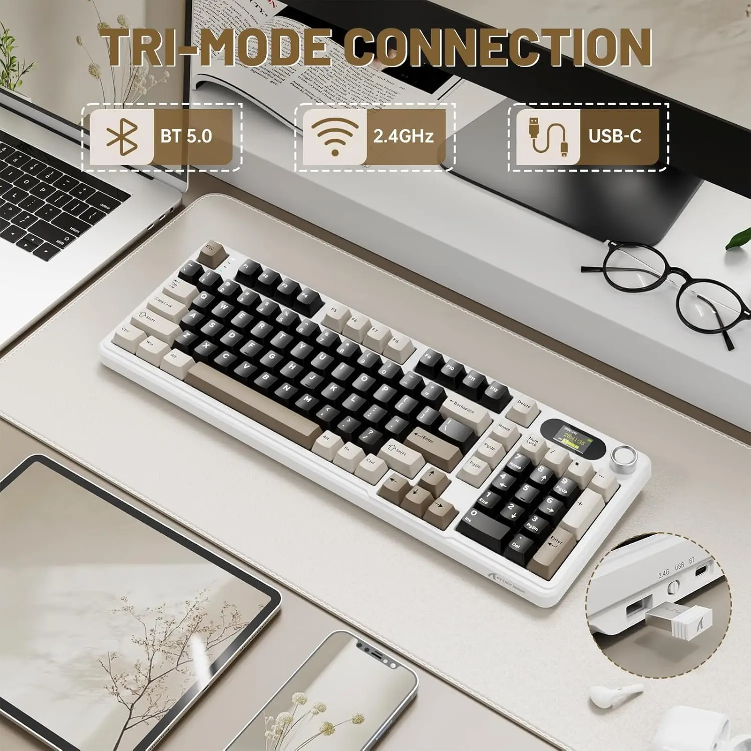 ATTACK SHARK X98Pro ワイヤレス メカニカル キーボード、スクリーンとノブ付き、トライモード ガスケット ホットスワップ可能な RGB キーボード、ウェブ ドライバー