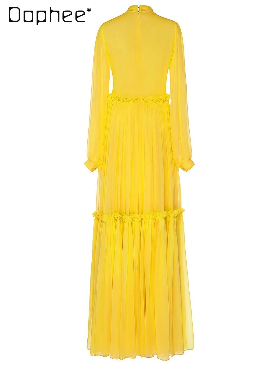 فستان أصفر فاخر فاتح راقي للنساء على طراز خرافي أنيق بأكمام طويلة وقصة ضيقة فستان متوسط الطول فساتين سهرة اجتماعية #6