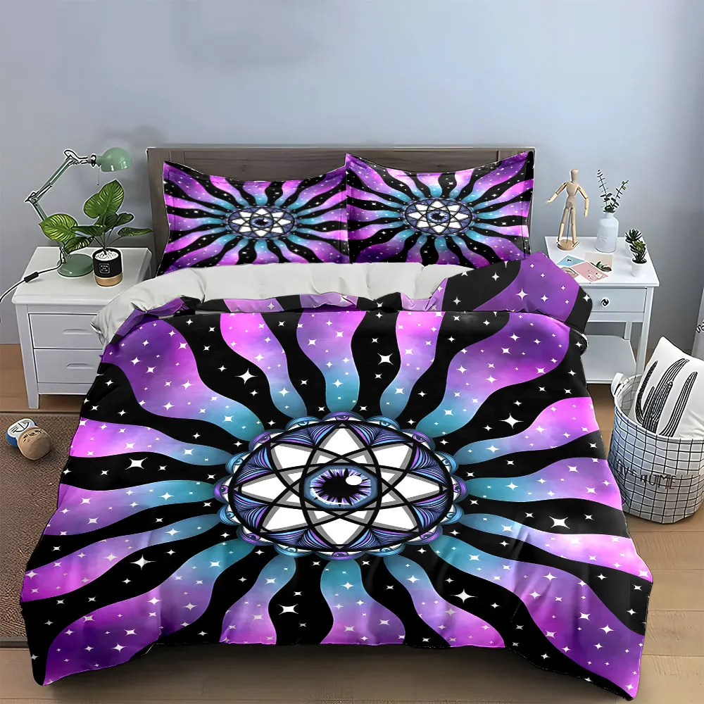 3Pcs Mystical All-Seeing Eye Bedding Set, Galaxy Mandala with Stars Print Duvet Cover + 2 Pillowcases, home Decor