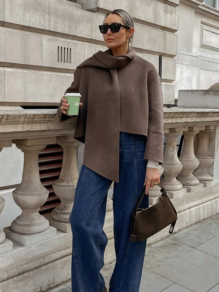 

Коричневое шерстяное пальто с укороченным шарфом и воротником, повседневное женское короткое кардиган с длинными рукавами и карманами, женские осенние пригородные уличные куртки