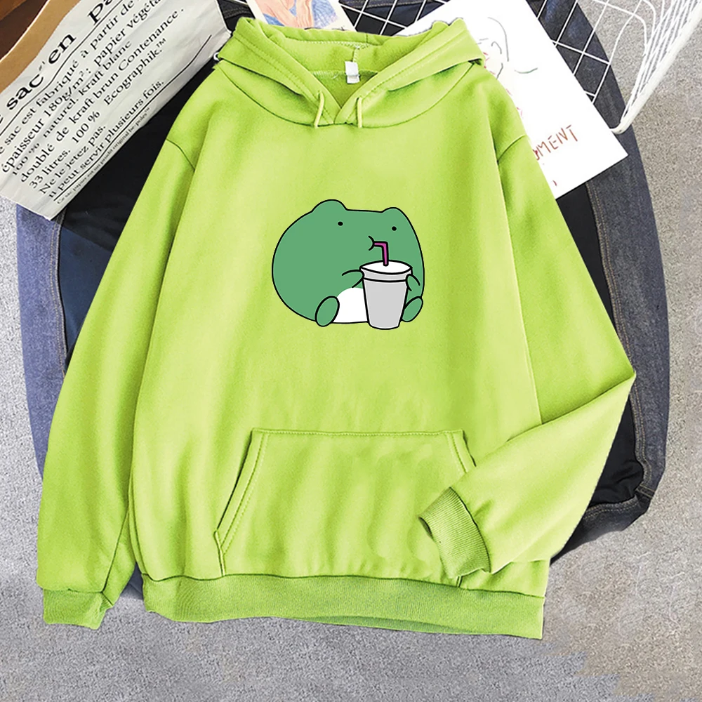 Women's Sweatshirts Hoodie Frog Drink Tea Streetwear Tops Pullover Long SLeeve Loose Kawaii Grunge Hip Hop Sudaderas con capucha