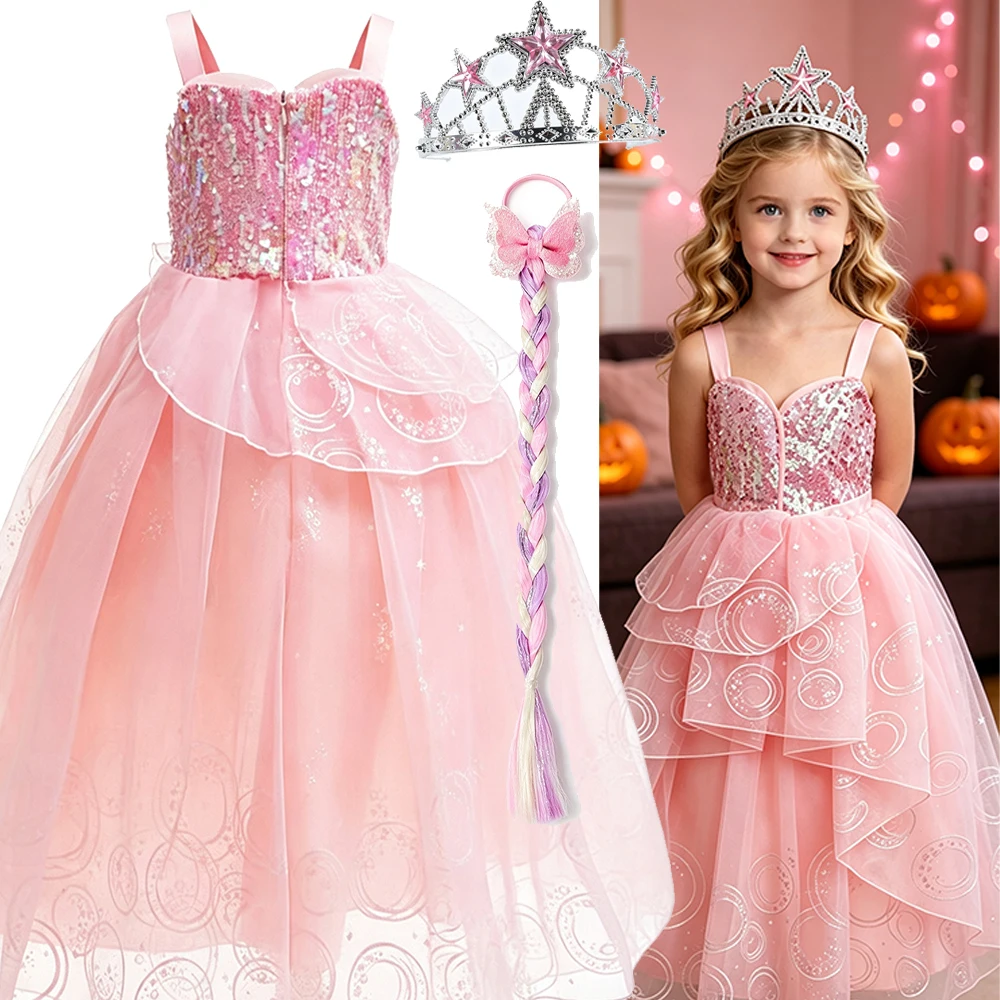 Girls Pink Good Witch Princess Dress Accessories Set Kids Birthday Party Cosplay Costume Halloween Carnival Ball Gown Book Week