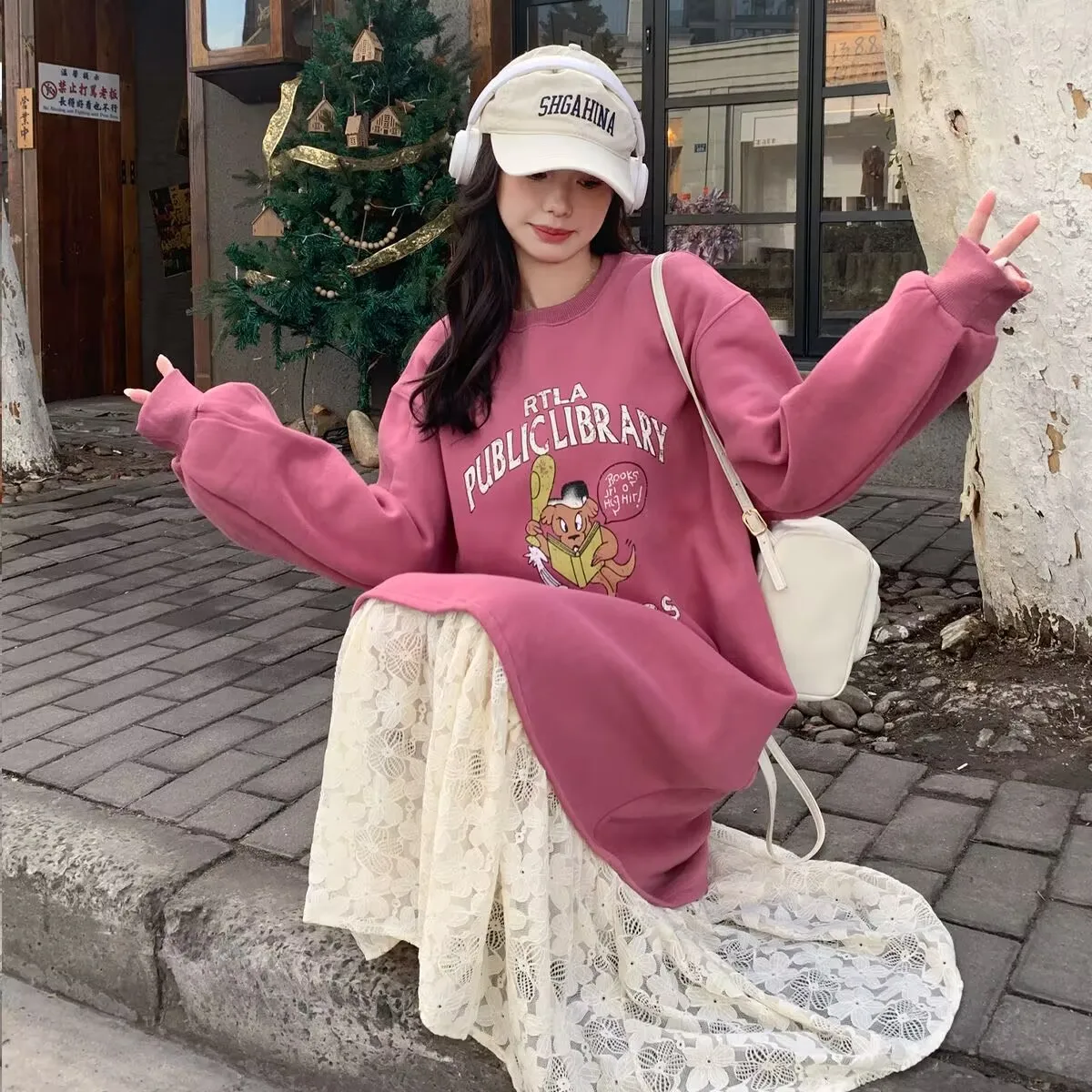 

2025 Korean Style Autumn Winter Lace Patchwork Fleece Hoodie Women Fleece Hoodies Dress Female Pullovers Tops Casual Sweatshirt