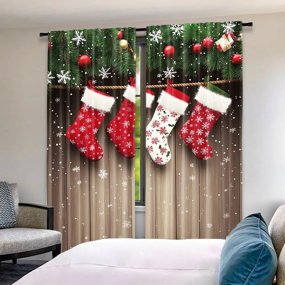 2Pcs Christmas Curtains Xmas Stockings Hanging On Wood Wall Snowflake Curtains Suitable For Bedroom Living Room Dining Room