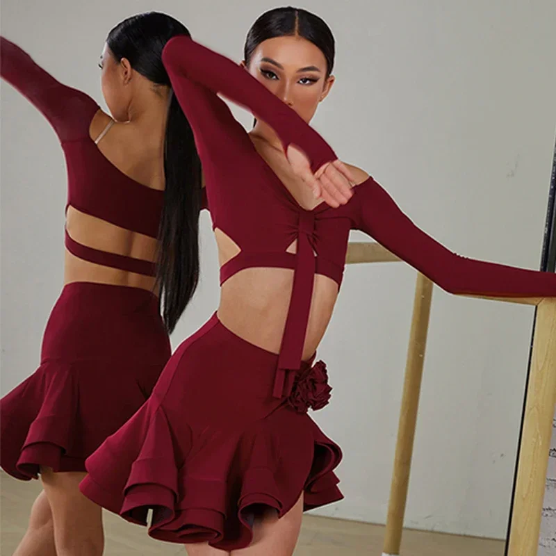 Girls Long SLeeves Latin Dance set Clothes Short Top Skirt Cha cha samba Performance Competition Dress Burgundy Black Dress Kids