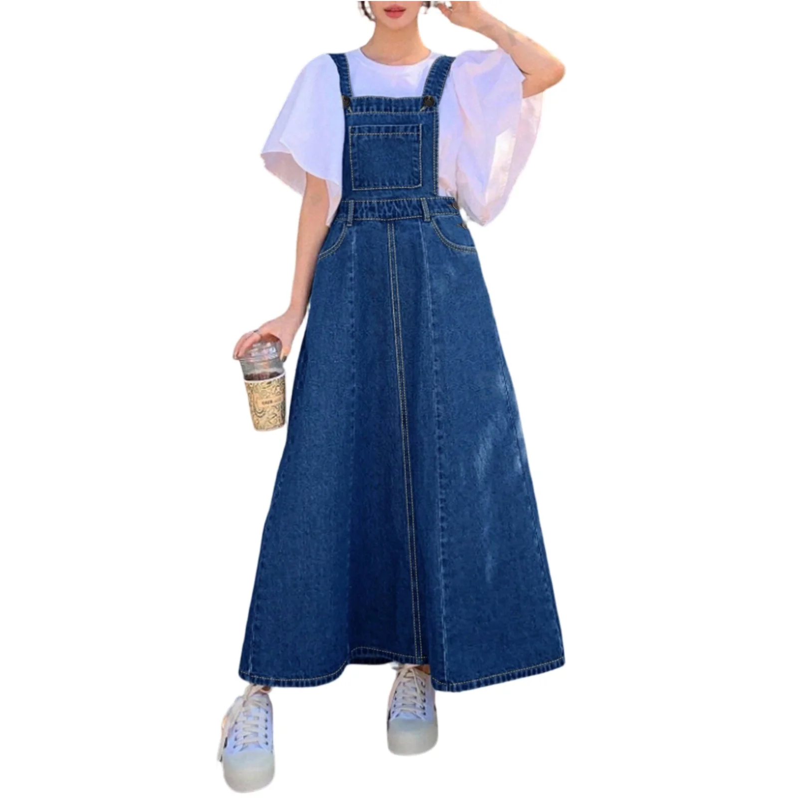 Fashion Women Denim Suspender Skirt Spring Summer Causal Strap Female High Waist A-line Solid Lace-up Woman Skirt