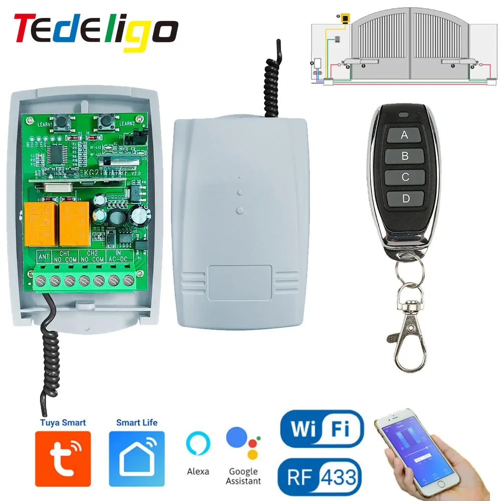 Tedelig Tuya WiFi RF 433MHz Smart Garage Sliding Door Gate Opener Controller Wireless DC AC 12V 24V Switch,Rolling Code Support