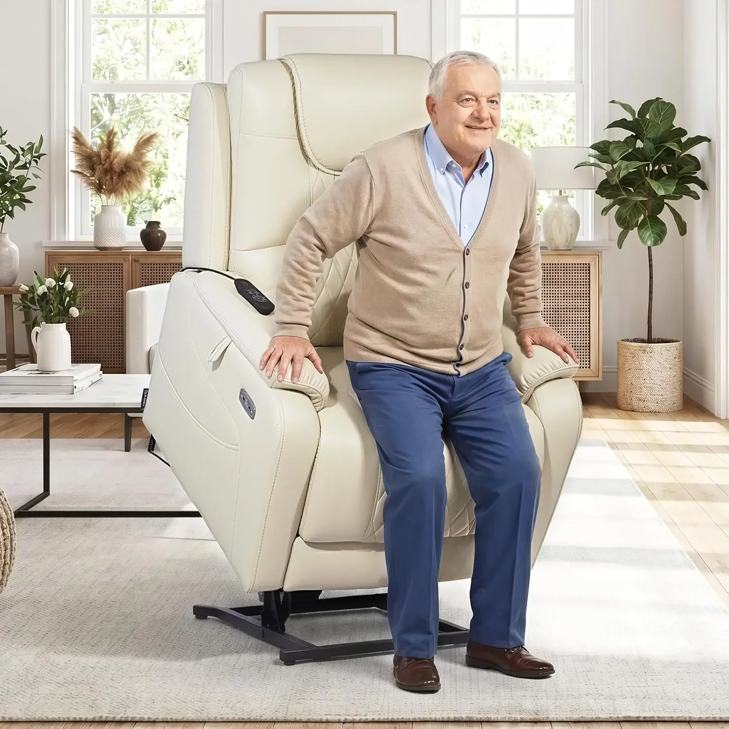 3-Motor Lay Flat Power Lift Recliner Chair with Massage, Cream White | Independent headrest adjustment, extended footrest, 400