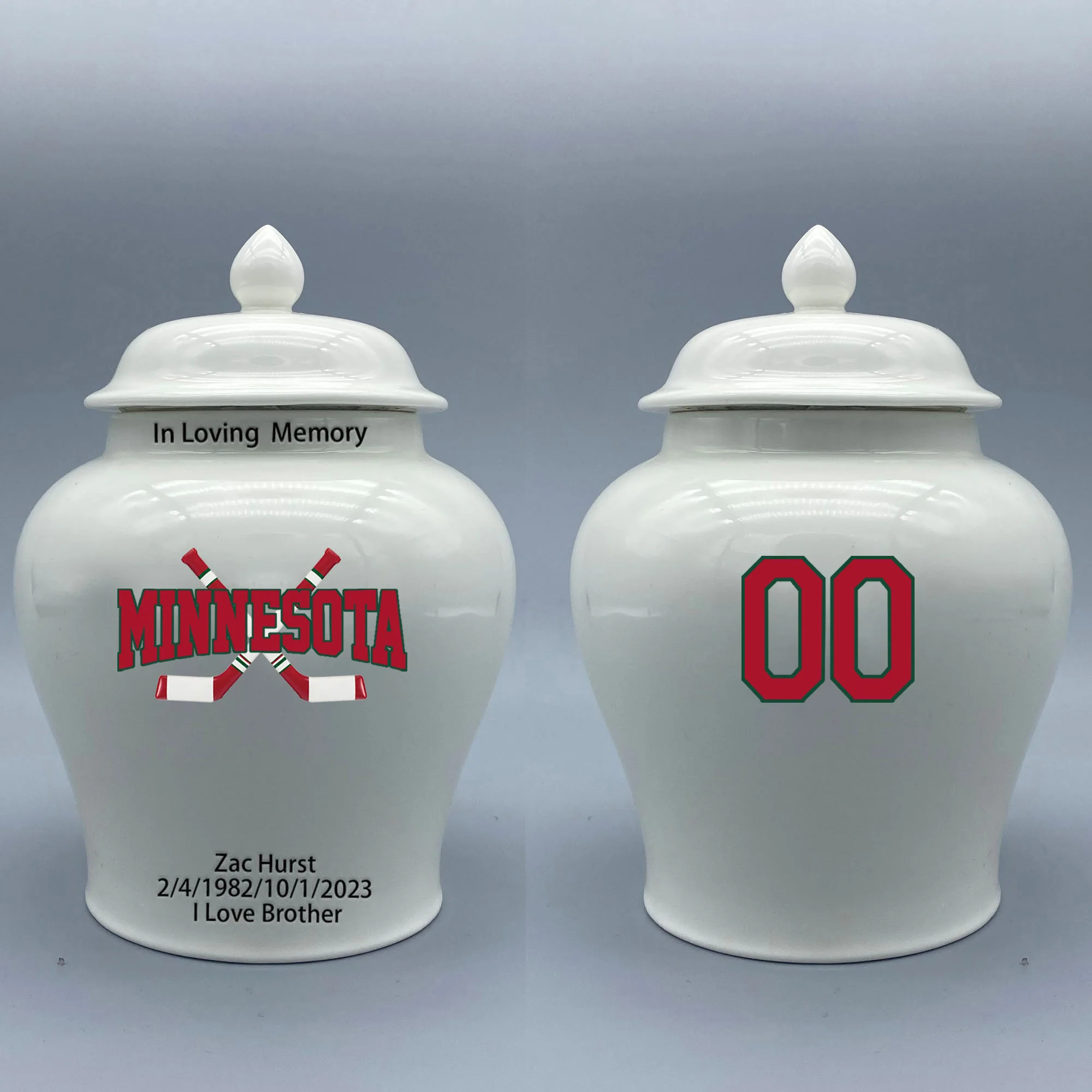 

Medium Urn for Minnesota Wild-themed Hockey Urn.Please send me the customize information-name/date and number on the urn