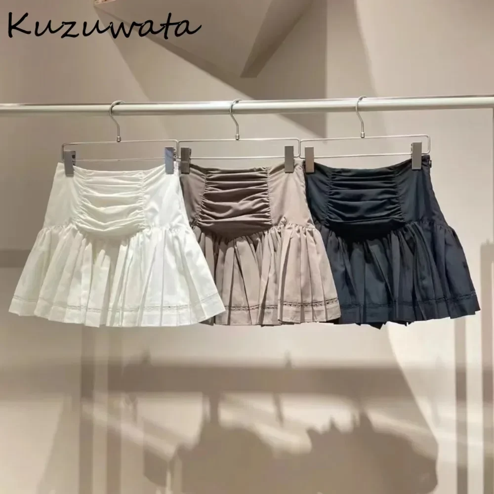 Kuzuwata A-line Elegant Commuter Preppy New Skirt Ruched All-match High Waist Pleated Short Japan Sweet Slim Waist Ballet Falda