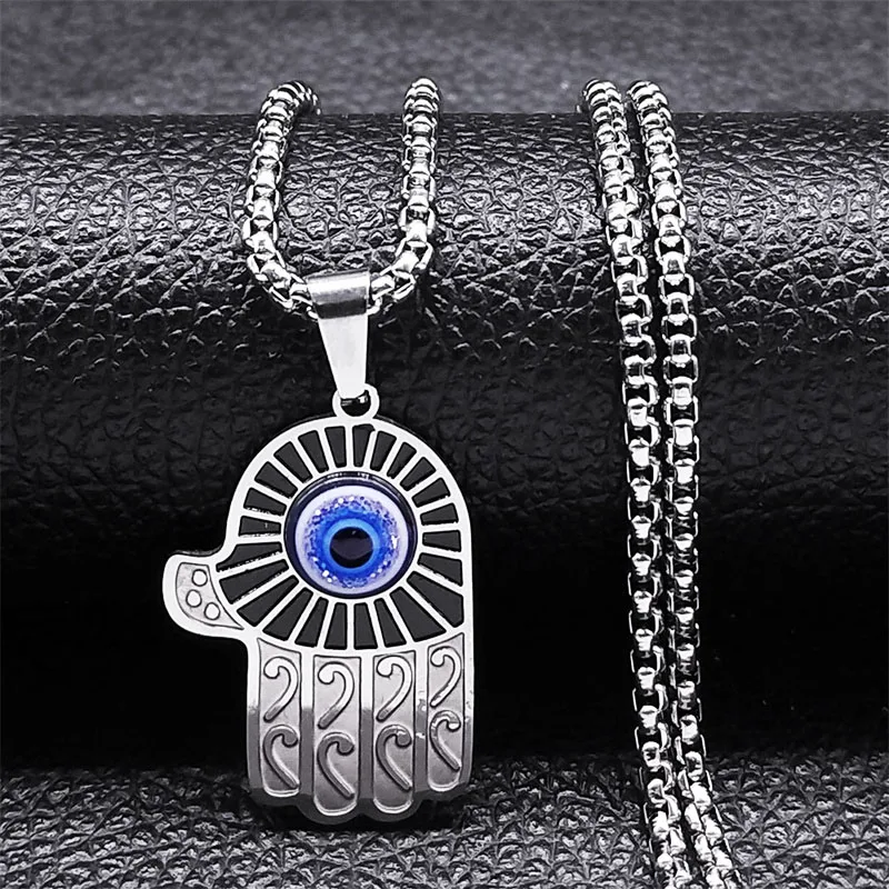 يد فاطمة الشر قلادة العين الزرقاء للرجال والنساء ، الفولاذ المقاوم للصدأ ، عين تركيا ، سلسلة الحظ ، المجوهرات ، اللون الفضي ، #1