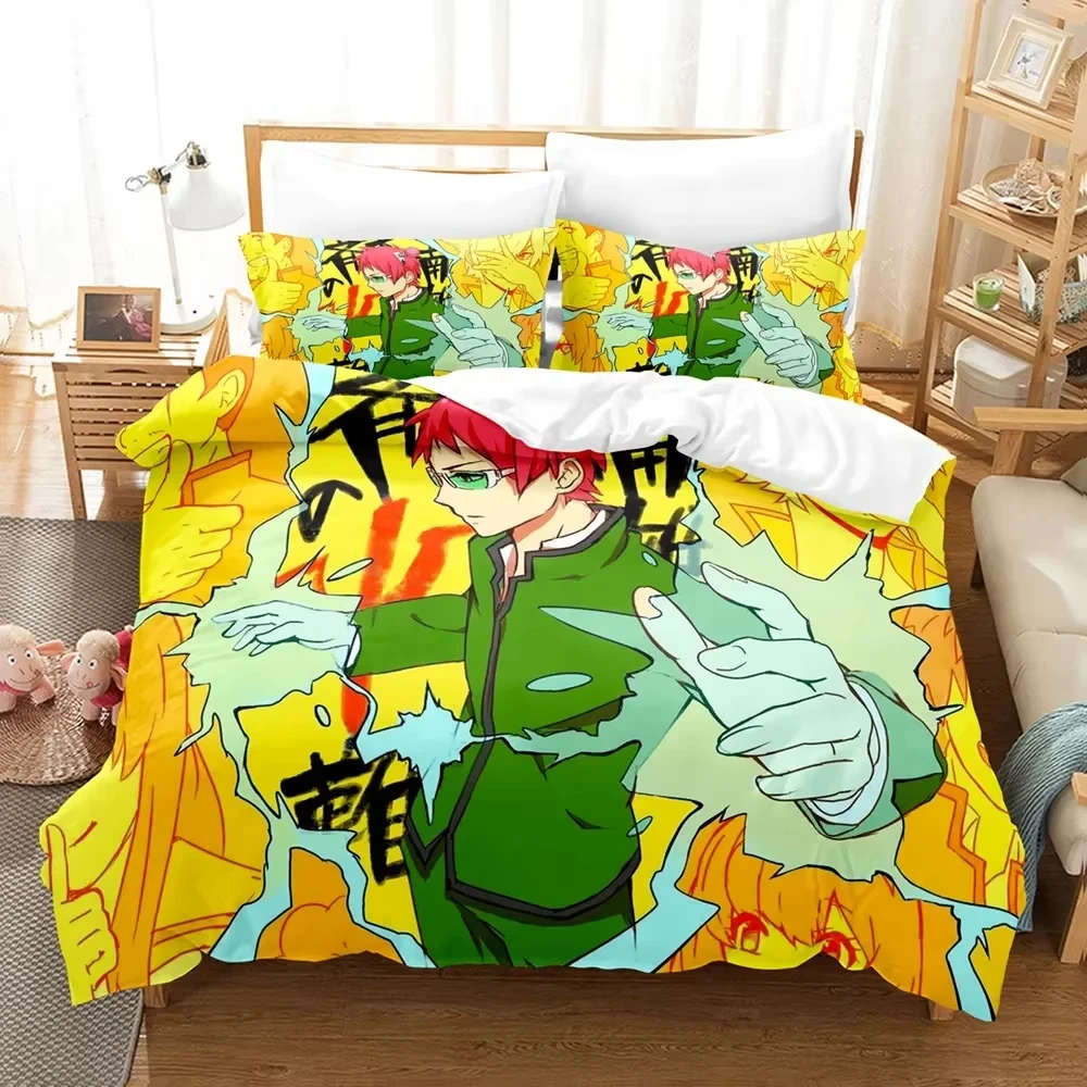 Anime The Disastrous Life of Saiki K Kusuo 2_3PCS Bedding Set Boys Girls Twin Queen Size Duvet Cover Pillowcase Bed Kids Adult