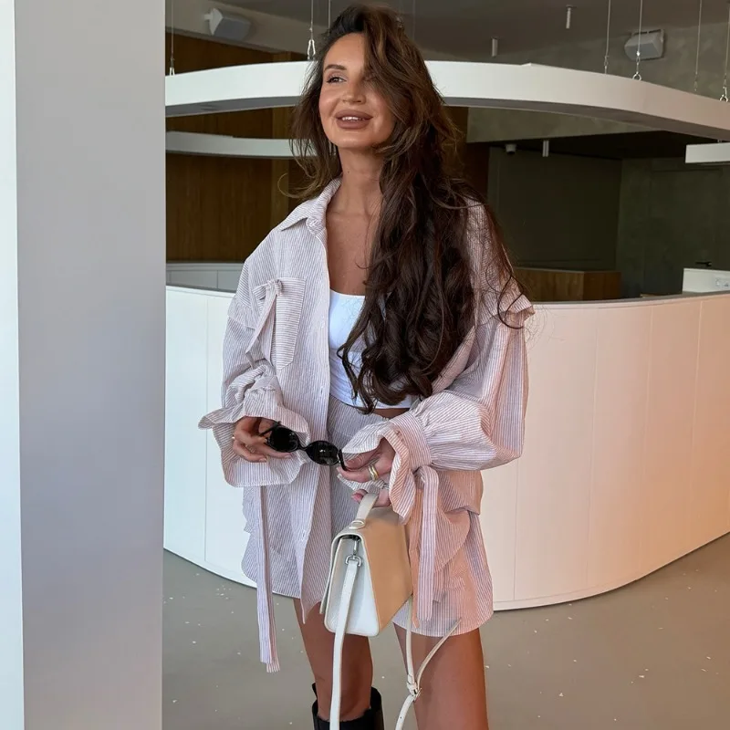 

Tuularose Striped Ruffle Shorts Set Casual Contrast Lace-up Shirt Top Loose Short Sets Vintage Fashion Office Women's Shorts Set
