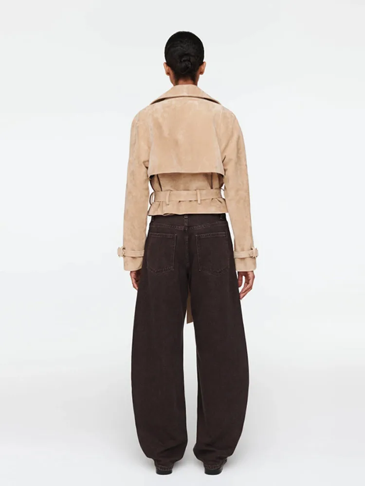 

Vintage Women's Bomber Jacket Lapel Short Jackets Turn-down Collar Long Sleeve With Belt Autumn Winter Coats Chic Lady Outerwear