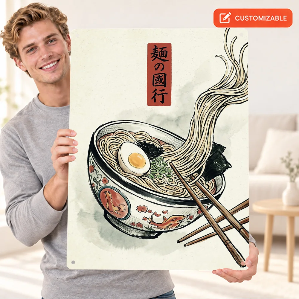 Japanese Ramen Bowl Ukiyo E Style Textured Metal Poster Retro Bold Design Bedroom Wall Art Personalized Aluminum Sign Fan Gift