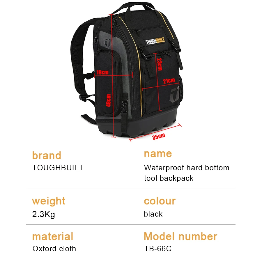 TOUGHBUILT TB-66C Waterproof Hardsole Tool Backpack Large Capacity Sturdy Wear-resistant Outdoor Tool Storage Bag