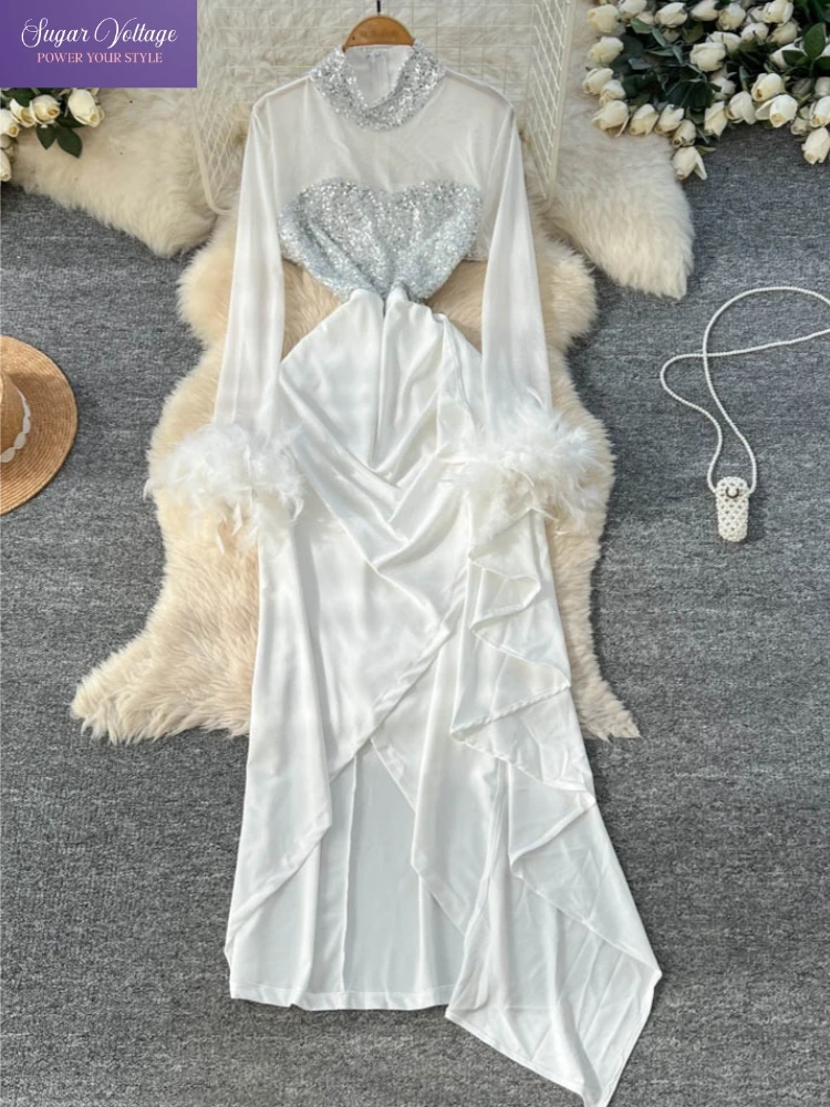 French Elegant Luxury Satin Sequin Dress for Women Feather-Sleeve Patchwork Long Sleeve Slim Ruffle Hem Vintage Casual Dresss