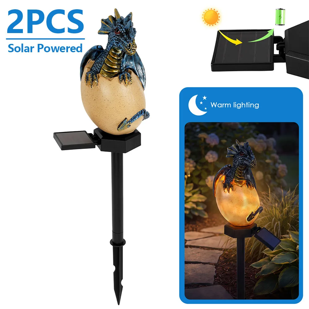 2Pcs Solar Powered Dragon Egg Lamp Outdoor Dragon Statue Solar Stake Light Waterproof Solar Light for Garden Lawn Yard Art Decor