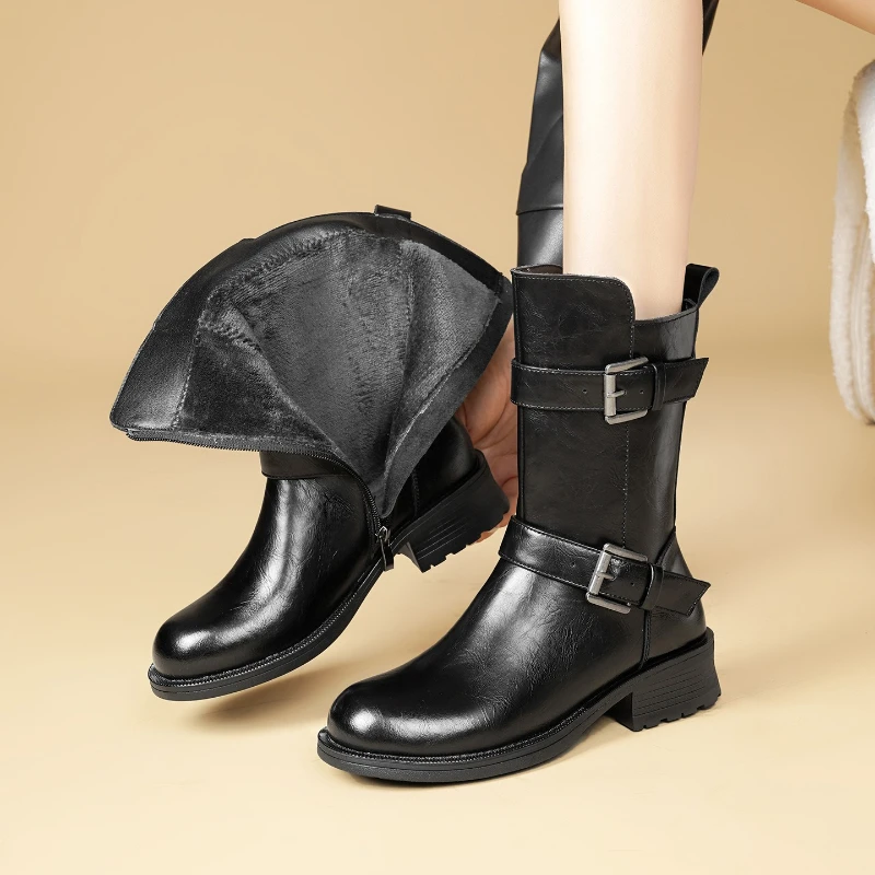 CICIYANG Women's Winter Wool Boots Genuine Leather 2026 New Plus Size Belt Buckle Knight Boots Anti-slip Handmade Female Boots