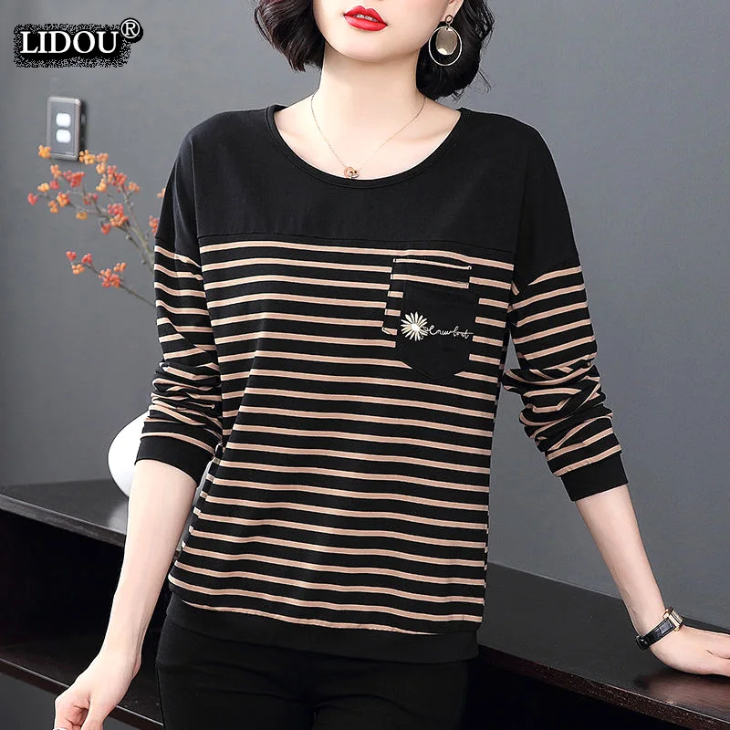 

Fashion Casual O-neck Striped Long Sleeved T-shirts Comfortable Trend All-match Popularity Tops Elasticity Women's Clothing