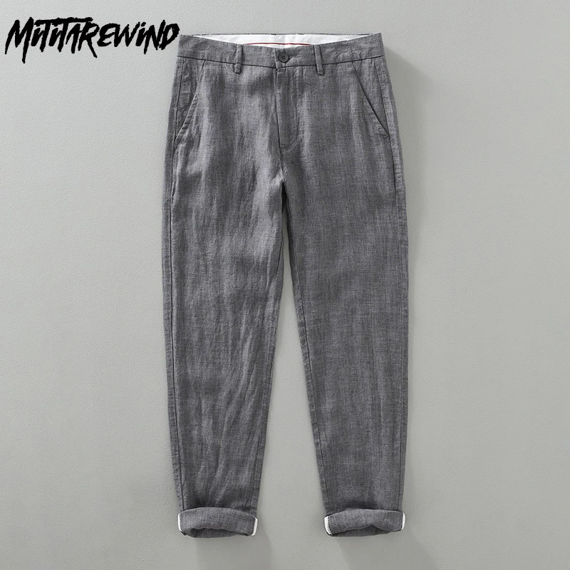 

Retro Yarn-dyed 100% Linen Pants Man Spring Summer Daily Causal Pants Mid-waist Full-length Gray Pencil Pant Breathable Trousers