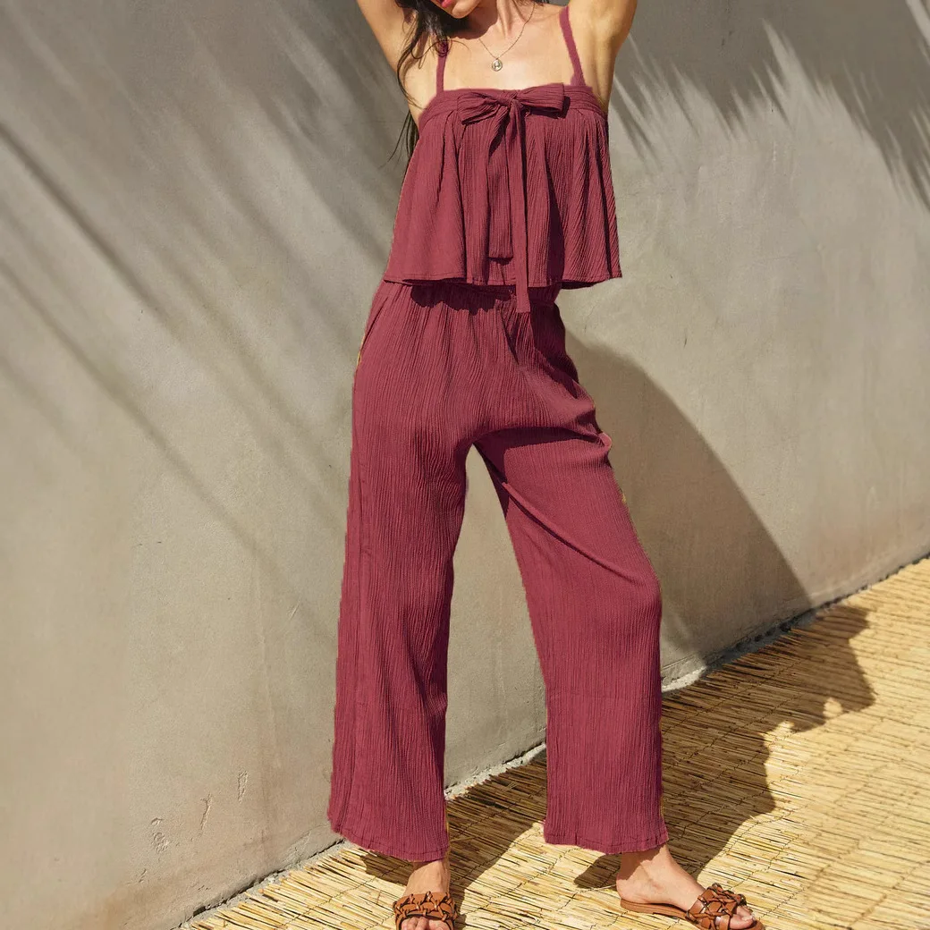 ผู้หญิงสีทึบผีเสื้อSuspenderแขนกุดBacklessเสื้อกั๊กสบายๆกางเกงชุดสองชิ้นสําหรับฤดูร้อน 2025