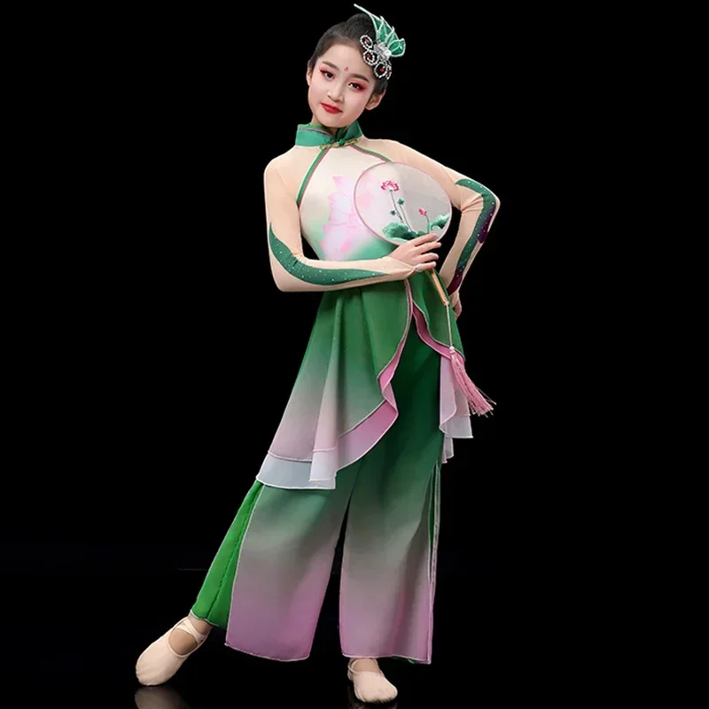 Costumi cinesi classici per bambini Costumi di danza Yangko Ombrello Fan Dance Lotus Bloom Festival Esegui abiti da pratica