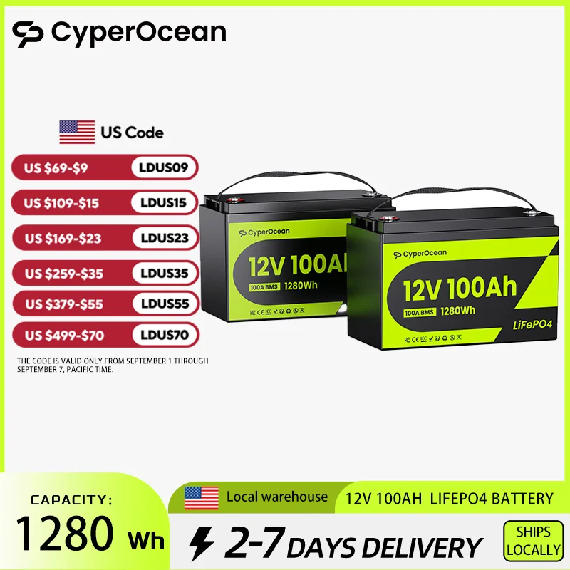 CyperOcean 12V100Ah Lifepo4 Batterie 2er-Pack Solar Lithium-Eisenphosphat-Batterie Wiederaufladbar 200A BMS Klasse A 15000+ Zyklen für Wohnmobil-Solaranlagen, Heimenergiespeicher, Marine-Off-Grid-Systeme, 5-Jahres-Garantie