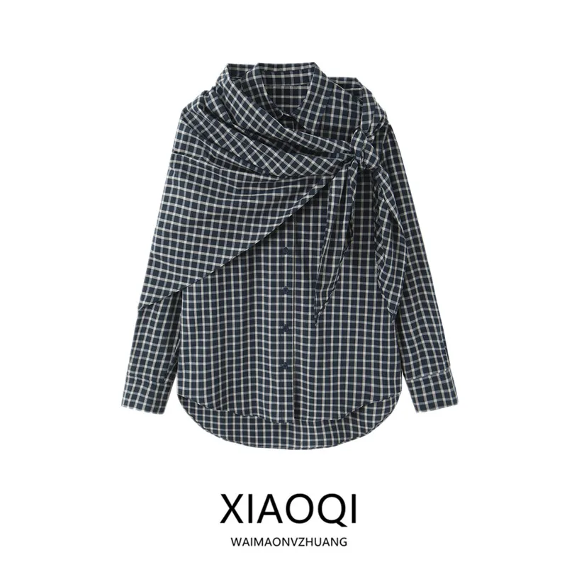 

Новая женская модная одежда на зиму 2025: универсальная рубашка с длинным рукавом, отложным воротником и клетчатым шарфом, свободный крой в европейском стиле