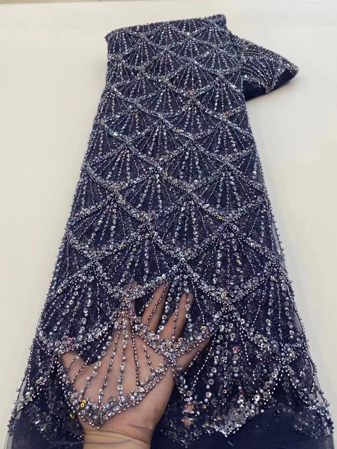 Custom Made Evening Party Gown Mesh Dress Sequin Tube Fabric Beaded Sector Embroidered Diamond Material Accessories