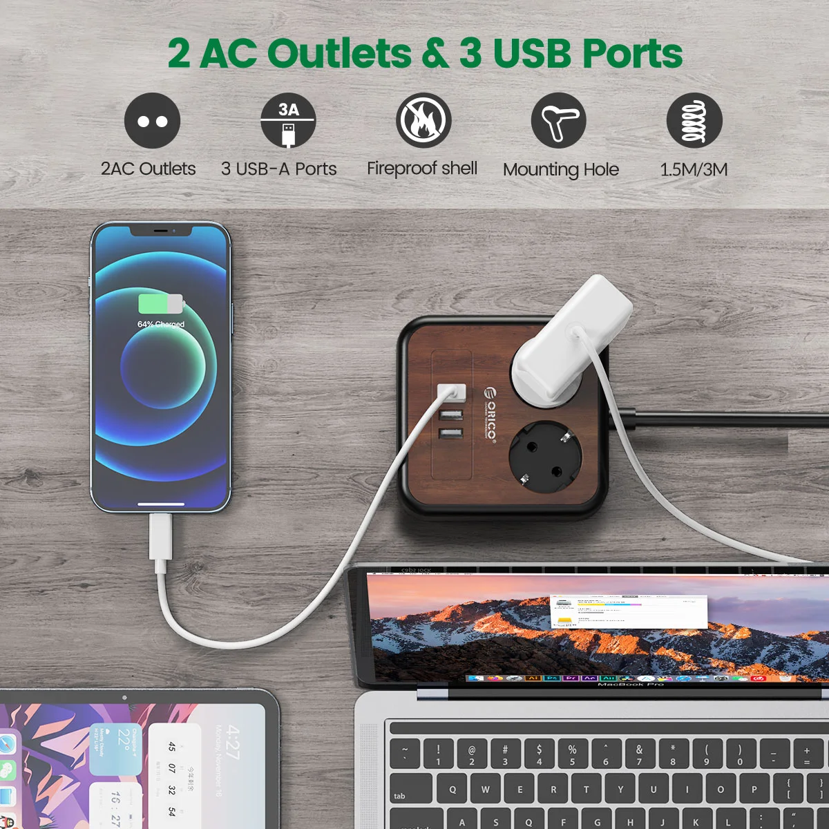 ORICO Power Strip with Extension Cable Electrical Sockets with USB Ports  Surge Protector With 3 USB C PD Fast Smart Charging