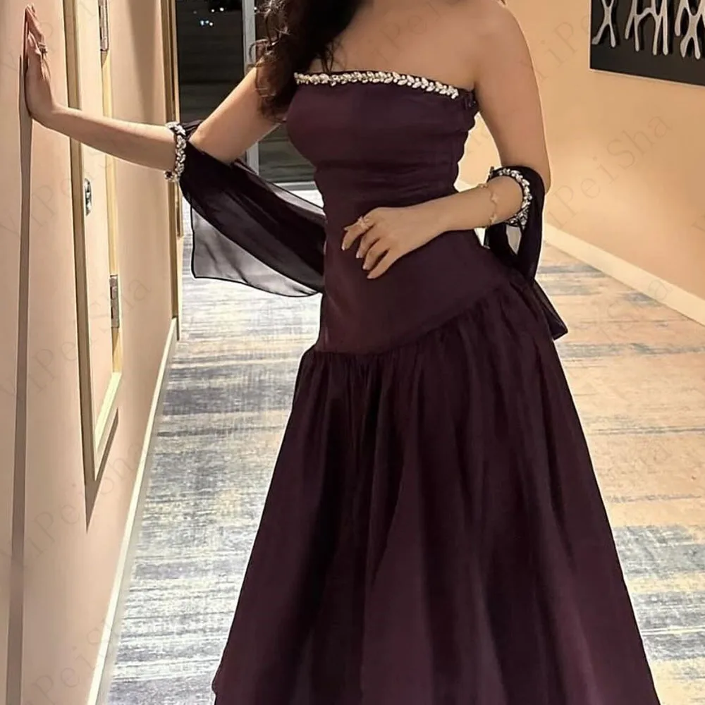 

Customized A-Line Prom Dresses Ankle-Length Strapless Sleeveless Evening Gown Fashion Crystal Backless Simple Draped Party Gown