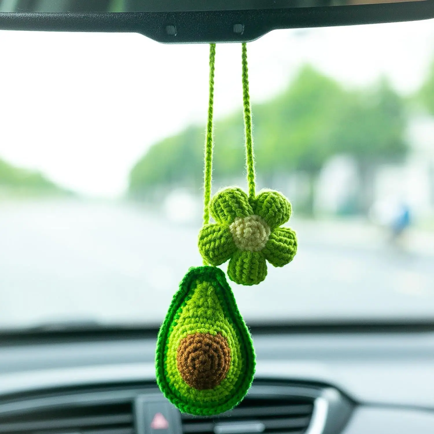 Handmade Kawaii Avocado Flower Car Accessories Decor Teens Interior Rear View Mirror Hanging Charm Fruit Decoration Ornamentos