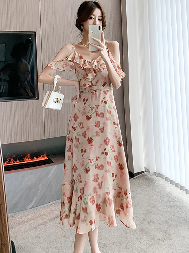 2026 Pink Floral Chiffon Chic Ruffled Sling Dress Women Elegant Casual  Beach Dress Sets Summer Korean Fashion Casual Party Dress - AliExpress  200000345