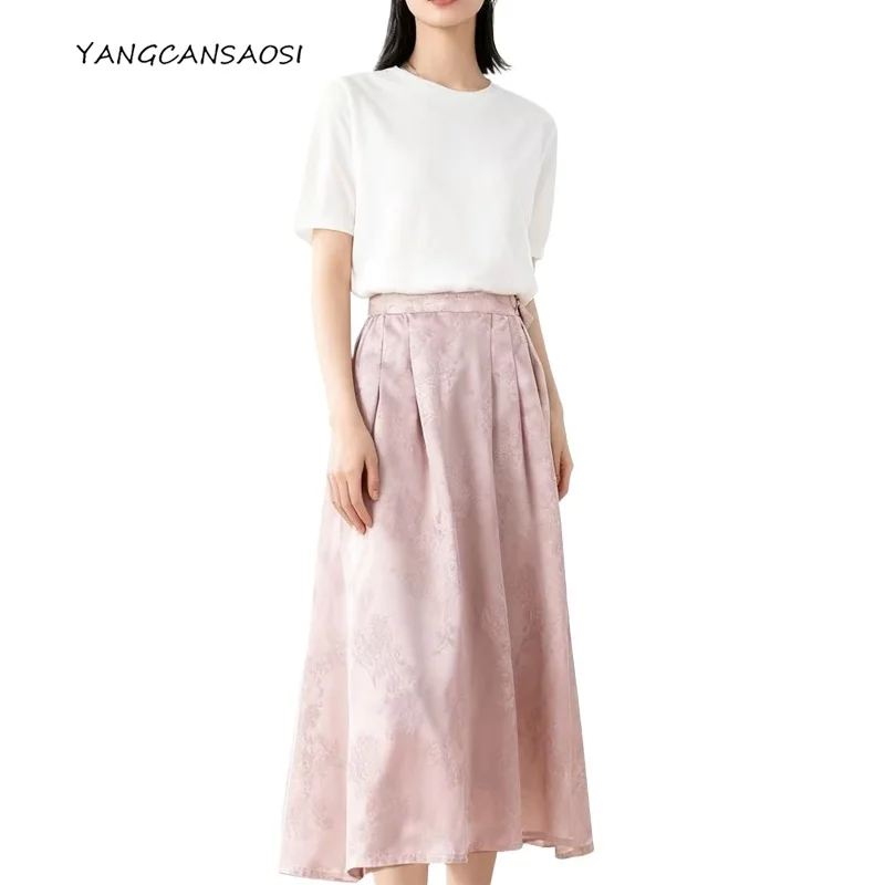 

Luxurious Glossy Feeling 100% Natural Mulberry Silk HuaLuo Jacquard Satin Elastic Waist Grey Pink Pocket Design Fashion Skirt