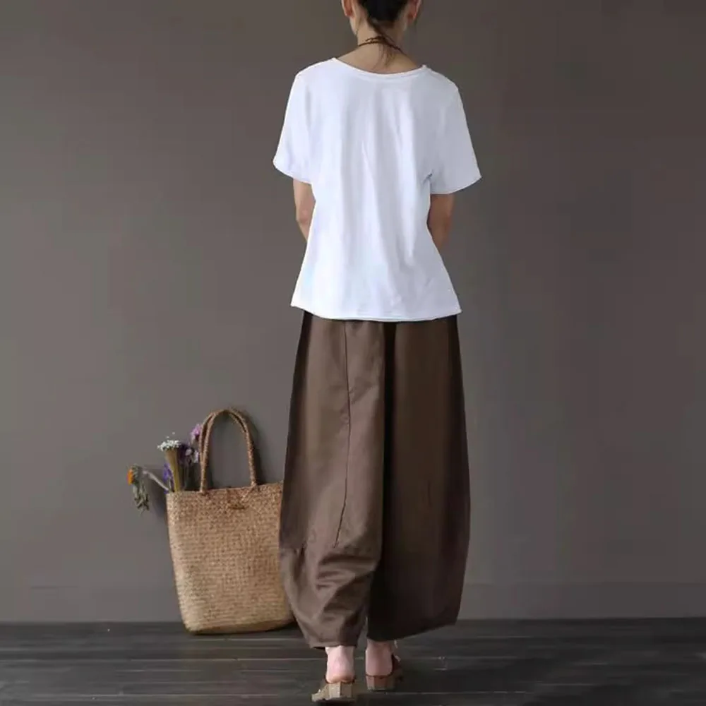 Pantalon de loisirs à jambes larges pour femmes, été, lin, coton, couches d'épissure, taille élastique, ample, rétro, court, Harlen, poches