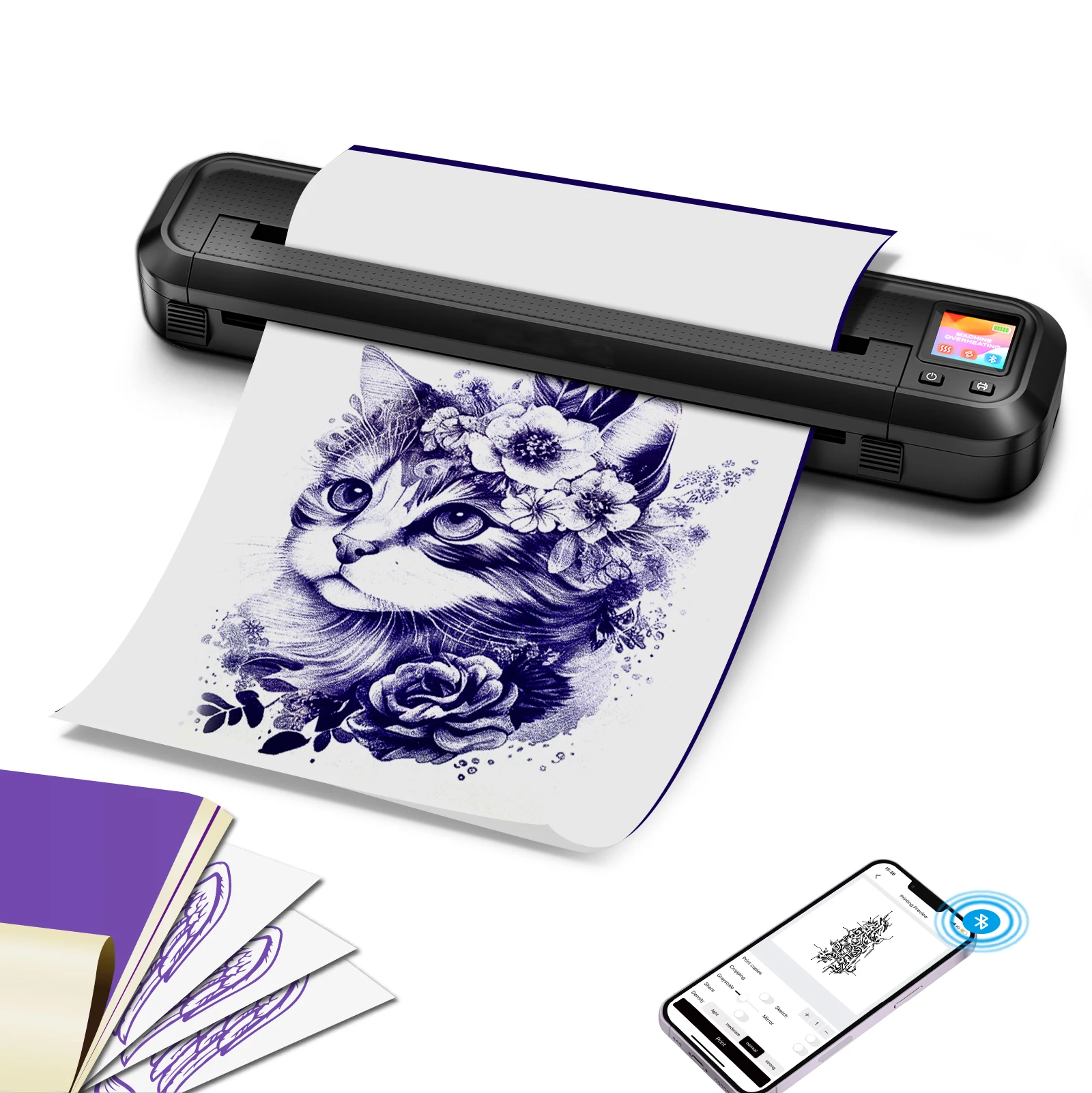 MHT-500 Upgraded Tattoo Stencil Printer with LCD Screen Wireless Tattoo Transfer Thermal Printer Compatible Smartphone & PC