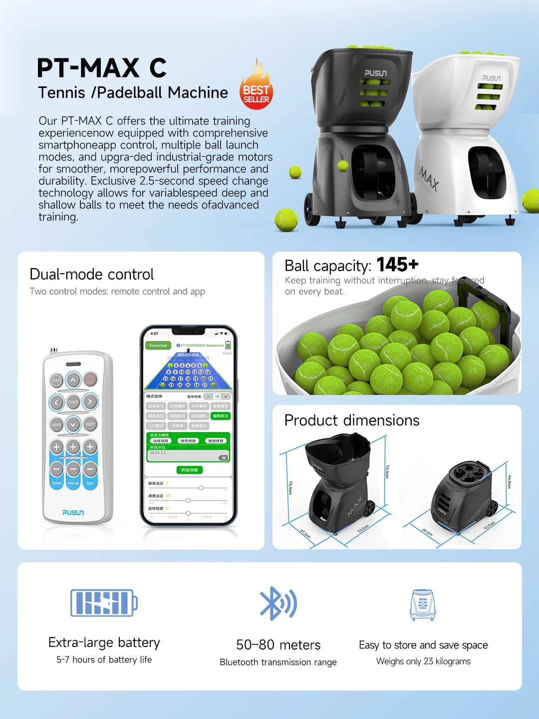 Pusun Professional Tennis Ball Machine With APP Control, Automatic Remote Control Tennis Launcher & Ball Shooting Machine