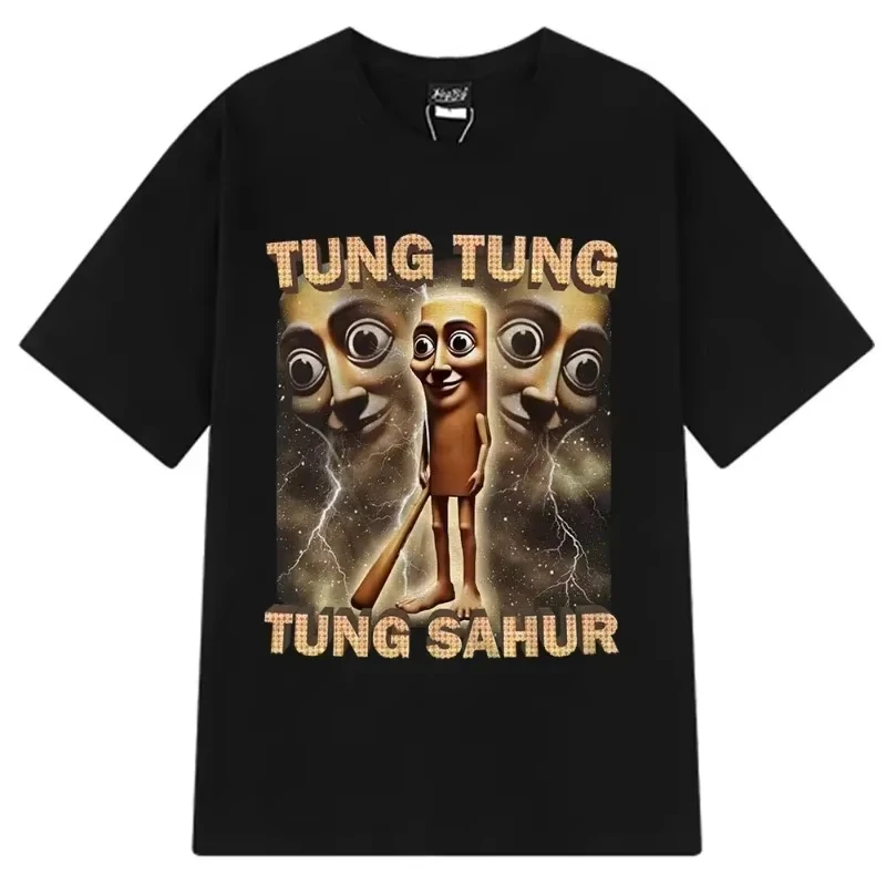 Unisex Tung Tung Sahur Meme Print T-Shirt Black Cotton Short Sleeve Funny Italian Brainrot Viral Internet Casual Streetwear Tee